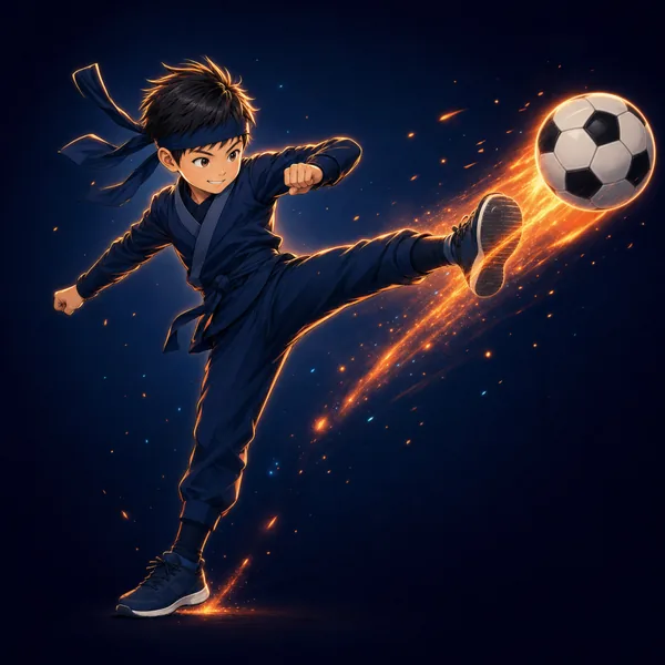 サッカーボールを力強く蹴る忍者姿の子ども