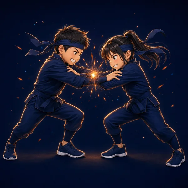 相撲のように組み合う忍者姿の二人の子ども