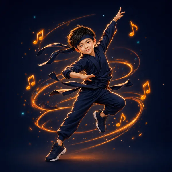 音符が舞う中で踊る忍者姿の子ども